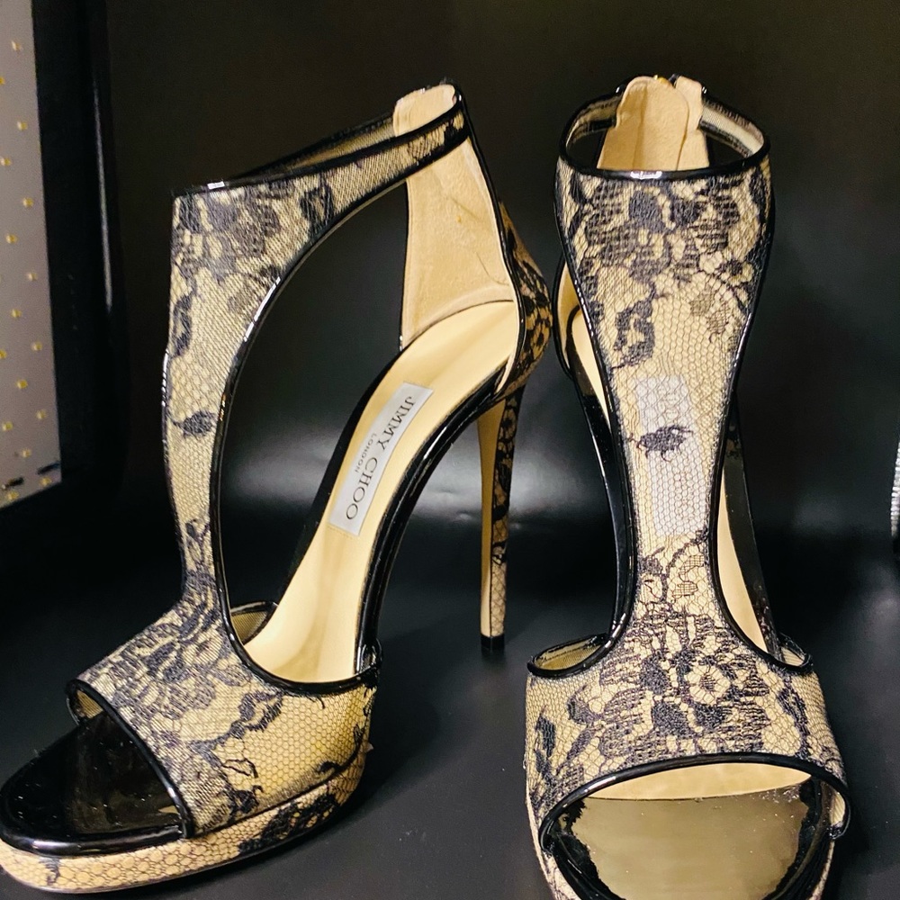 Jimmy Choo Lace Peep-Toe Platform Heels